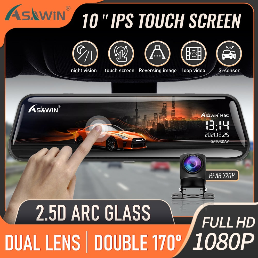 Caromatic 1080P 10 Inch Mirror Dashcam Touch Screen